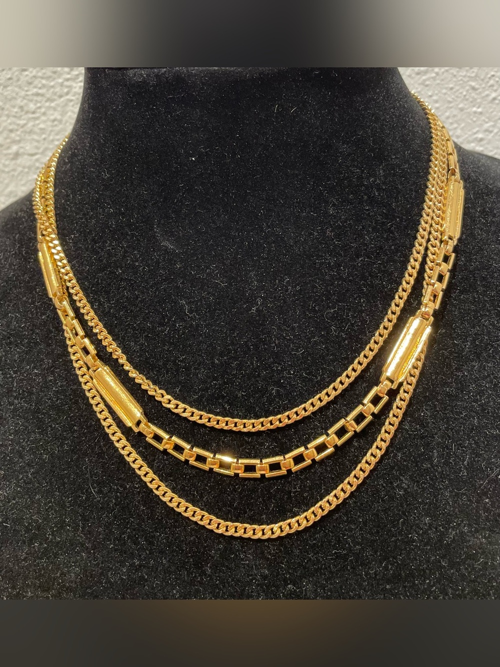 Vintage Monet Gold-Tone Triple Layered Chain Necklace Excellent Shape LikeNew